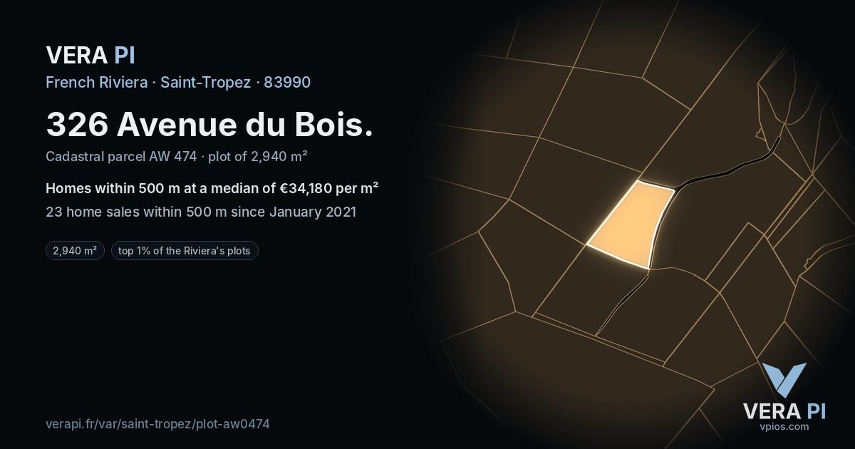 326 Avenue du Bois, Saint-Tropez at night – the plot lit, the parcels around coloured by the prices near them