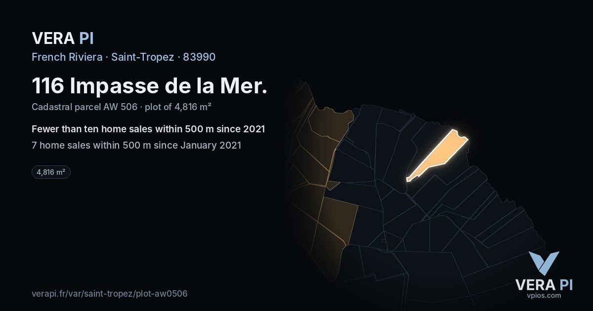 116 Impasse de la Mer, Saint-Tropez at night – the plot lit, the parcels around coloured by the prices near them