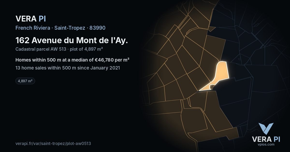 162 Avenue du Mont de l'Ay, Saint-Tropez at night – the plot lit, the parcels around coloured by the prices near them