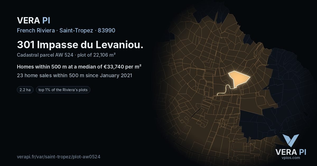 301 Impasse du Levaniou, Saint-Tropez at night – the plot lit, the parcels around coloured by the prices near them