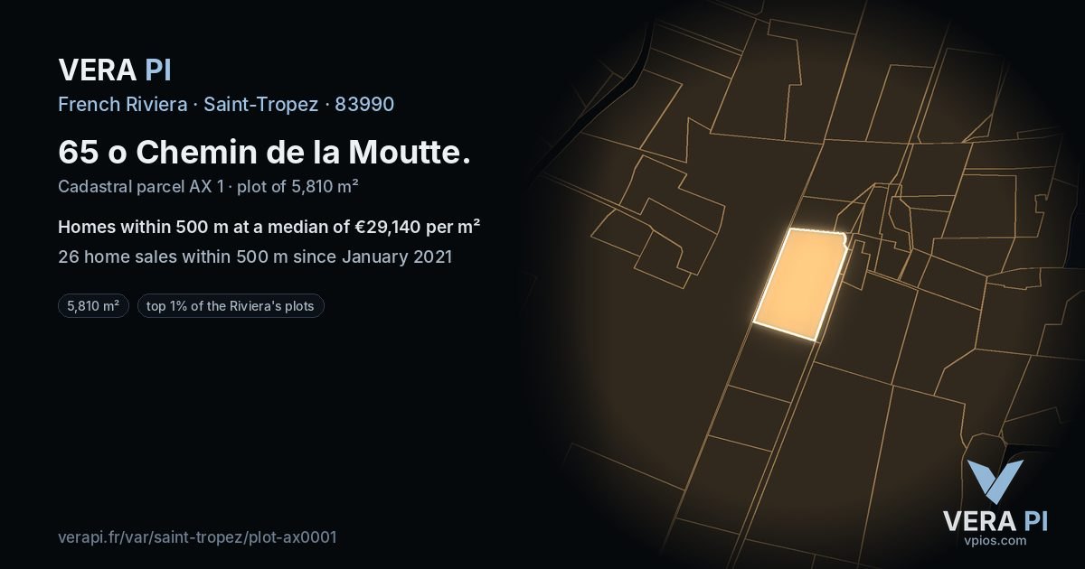 65 o Chemin de la Moutte, Saint-Tropez at night – the plot lit, the parcels around coloured by the prices near them