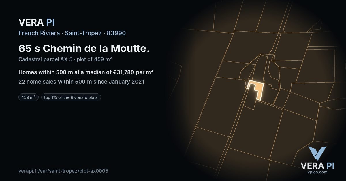 65 s Chemin de la Moutte, Saint-Tropez at night – the plot lit, the parcels around coloured by the prices near them