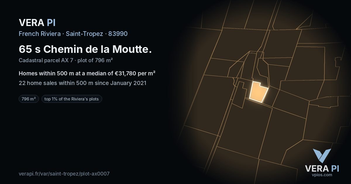 65 s Chemin de la Moutte, Saint-Tropez at night – the plot lit, the parcels around coloured by the prices near them