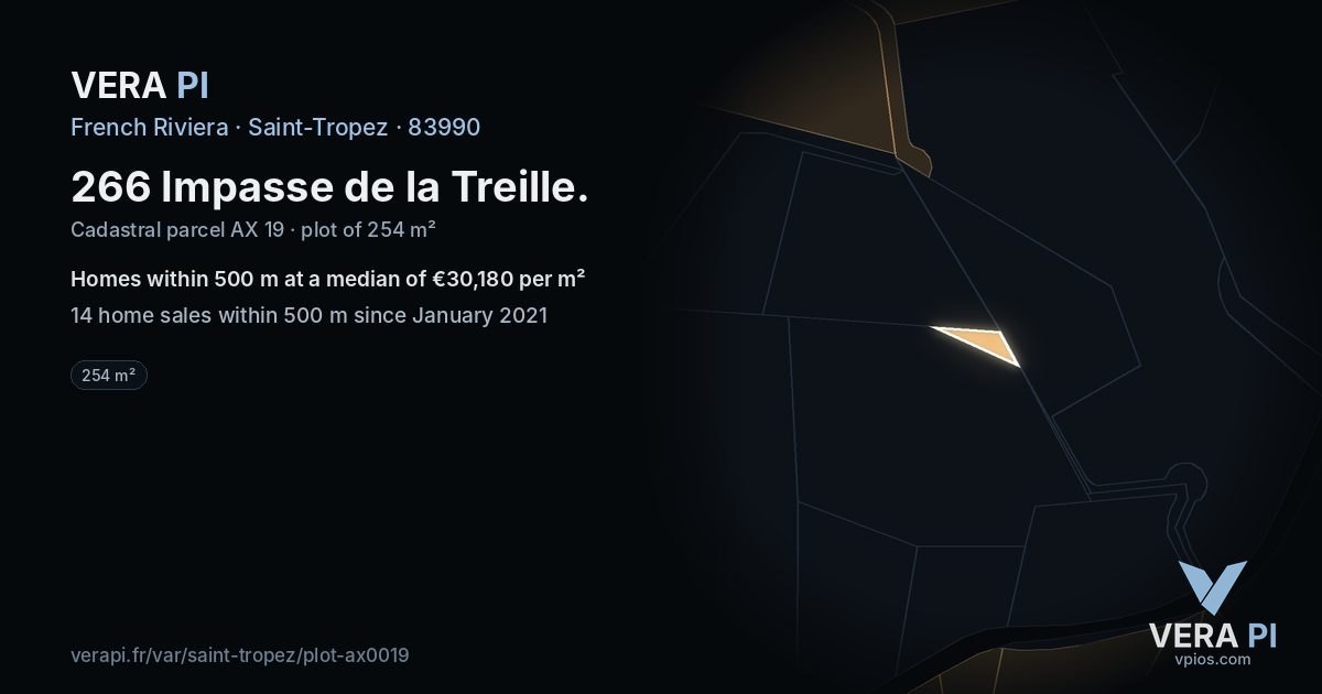 266 Impasse de la Treille, Saint-Tropez at night – the plot lit, the parcels around coloured by the prices near them
