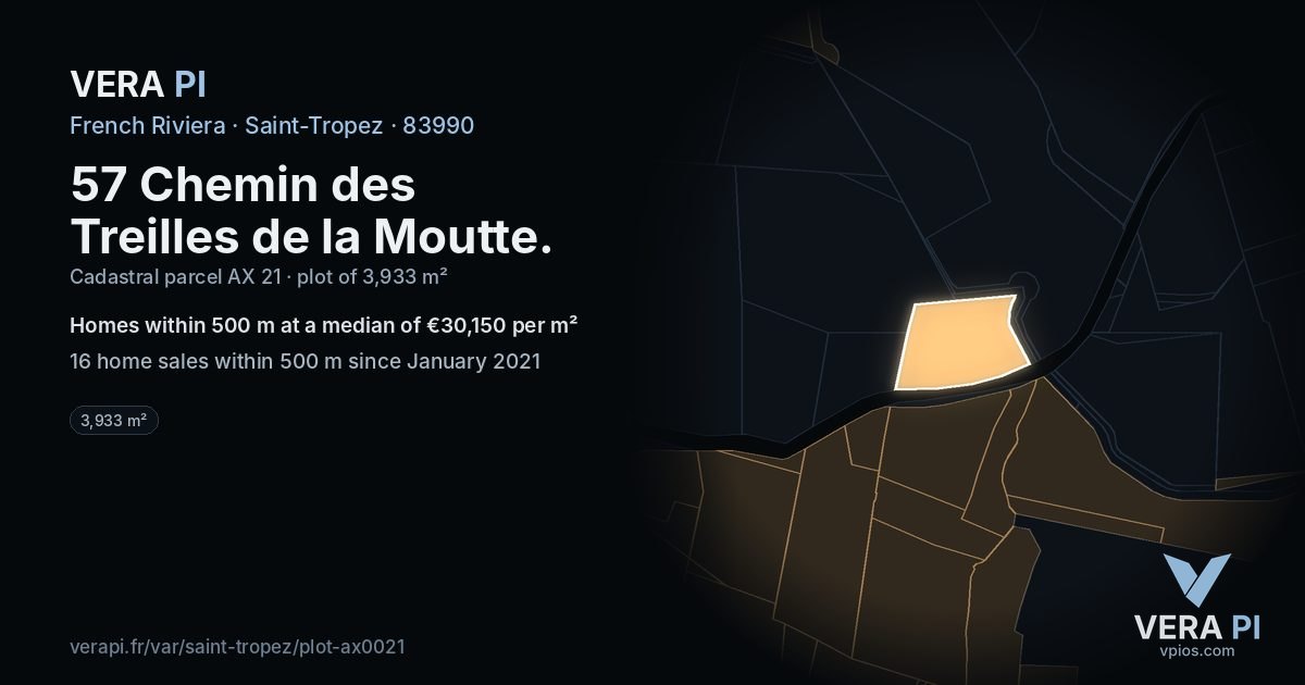 57 Chemin des Treilles de la Moutte, Saint-Tropez at night – the plot lit, the parcels around coloured by the prices near them