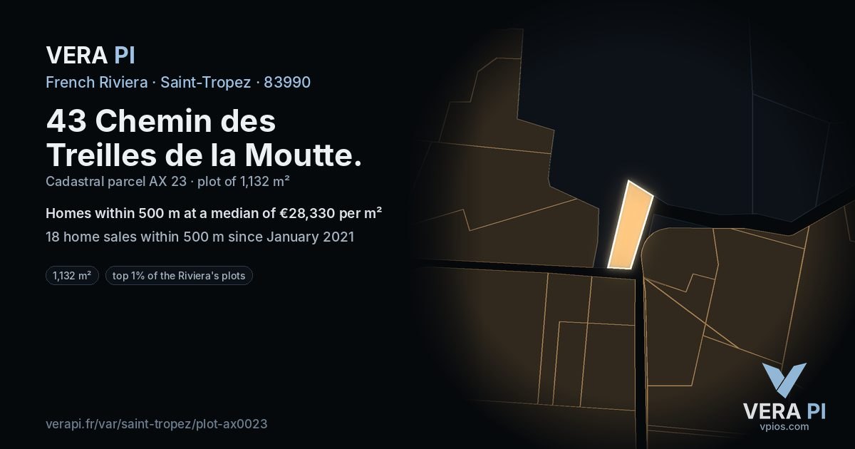 43 Chemin des Treilles de la Moutte, Saint-Tropez at night – the plot lit, the parcels around coloured by the prices near them