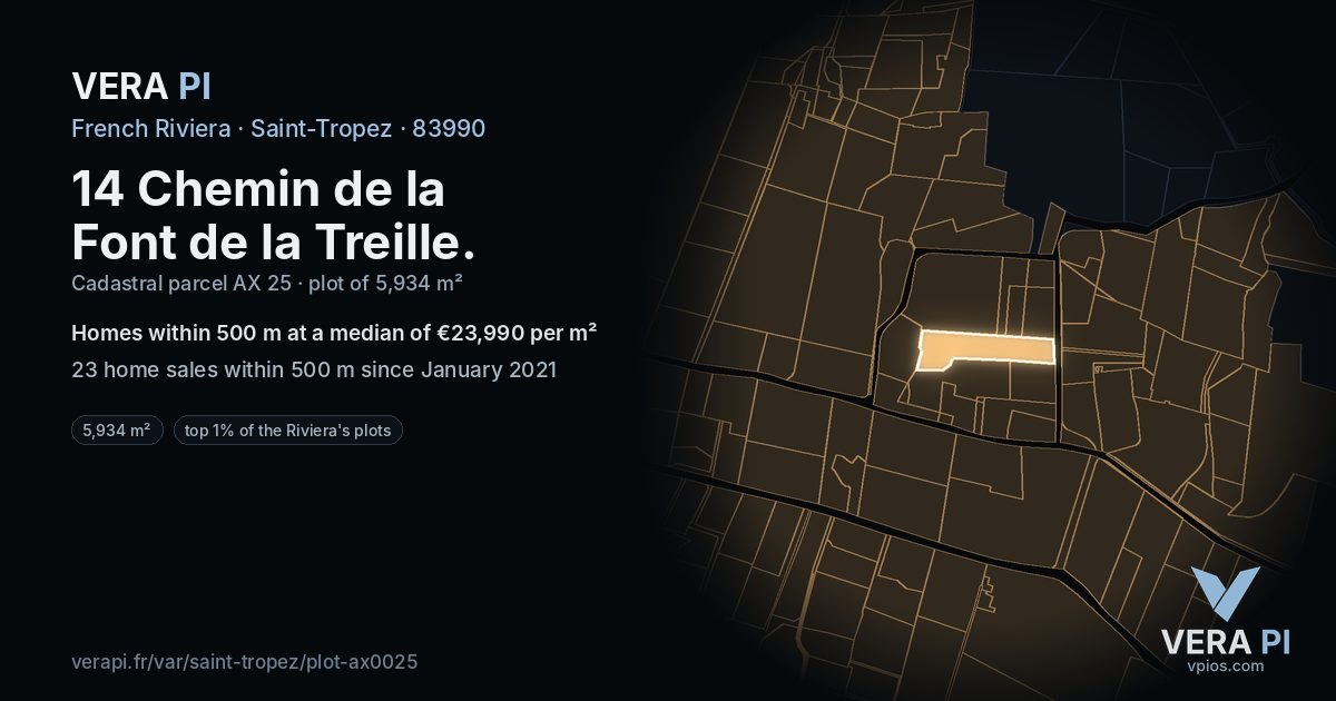 14 Chemin de la Font de la Treille, Saint-Tropez at night – the plot lit, the parcels around coloured by the prices near them