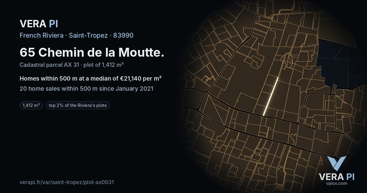 65 Chemin de la Moutte, Saint-Tropez at night – the plot lit, the parcels around coloured by the prices near them