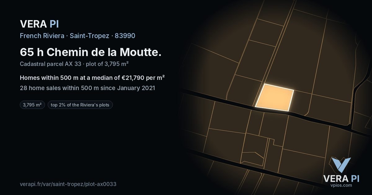 65 h Chemin de la Moutte, Saint-Tropez at night – the plot lit, the parcels around coloured by the prices near them