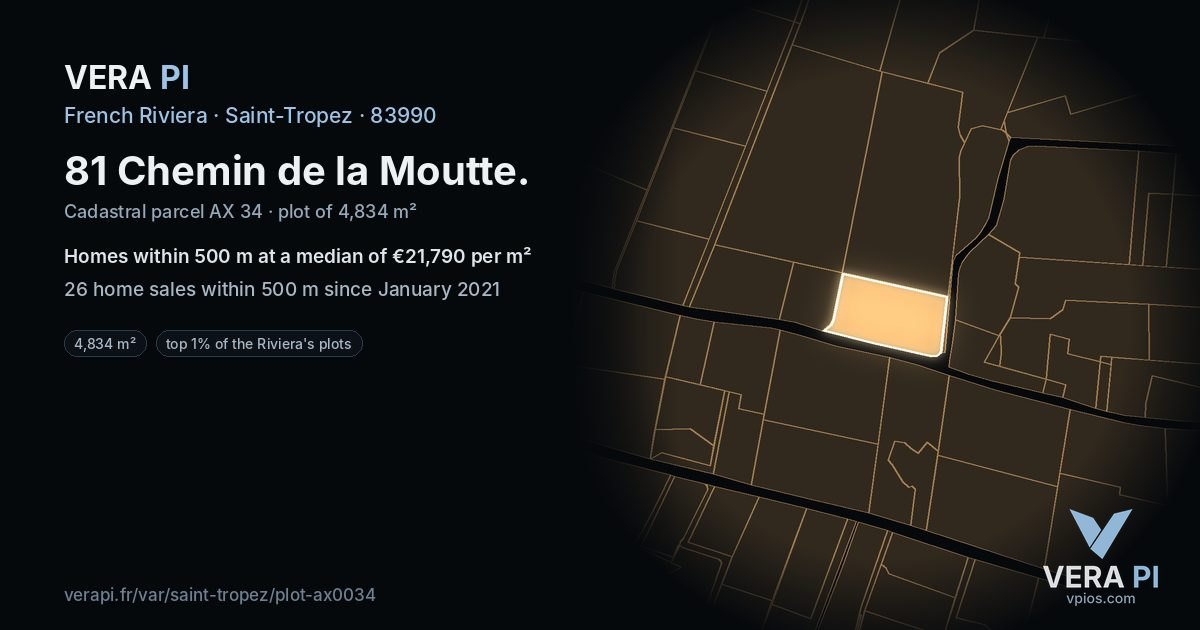 81 Chemin de la Moutte, Saint-Tropez at night – the plot lit, the parcels around coloured by the prices near them