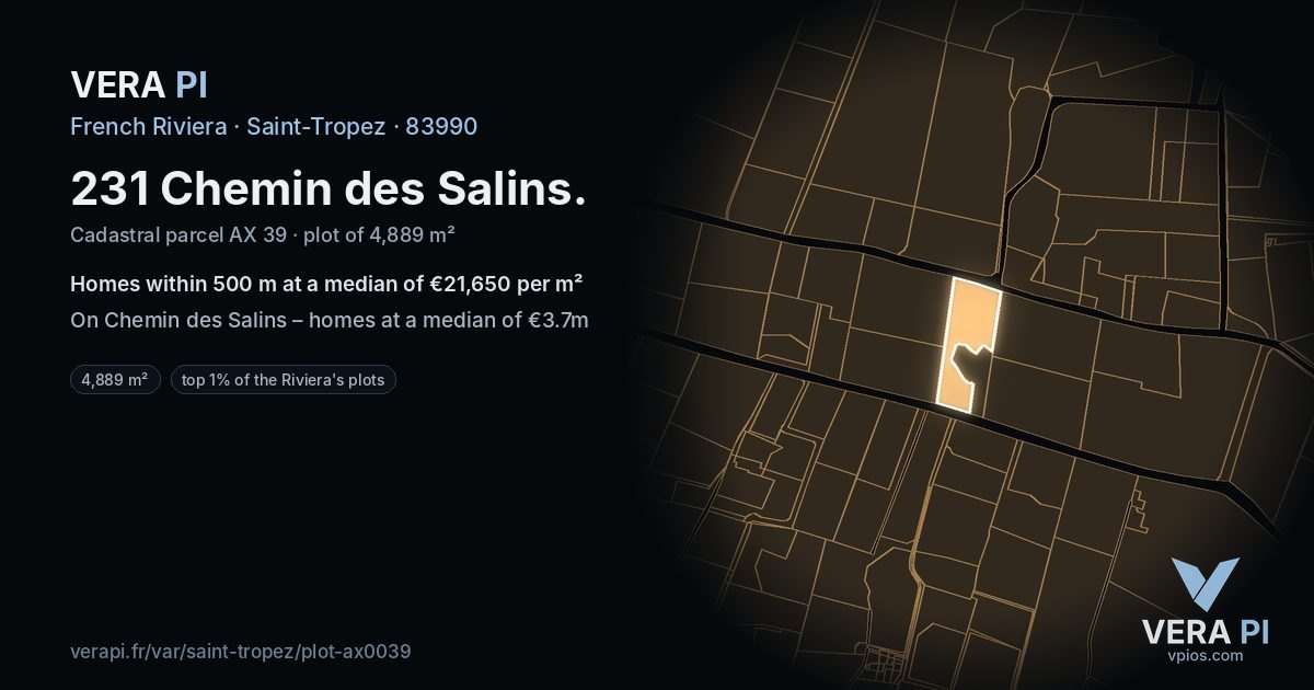 231 Chemin des Salins, Saint-Tropez at night – the plot lit, the parcels around coloured by the prices near them