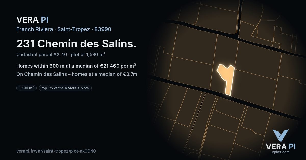 231 Chemin des Salins, Saint-Tropez at night – the plot lit, the parcels around coloured by the prices near them