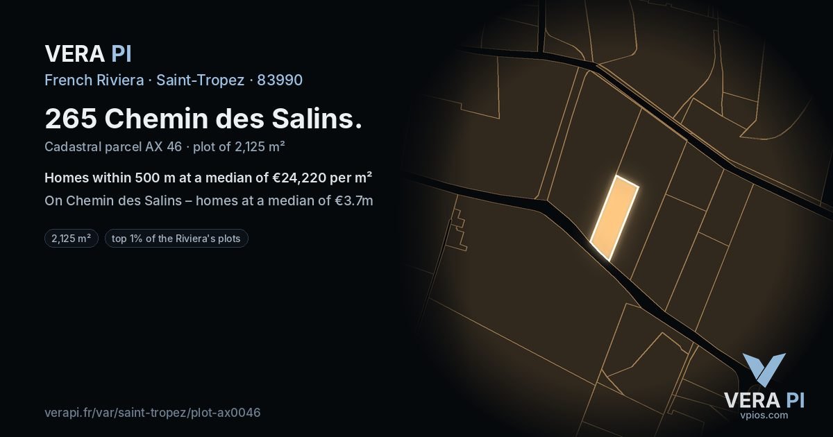 265 Chemin des Salins, Saint-Tropez at night – the plot lit, the parcels around coloured by the prices near them