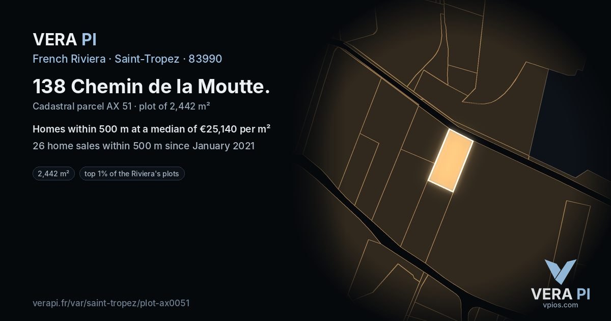 138 Chemin de la Moutte, Saint-Tropez at night – the plot lit, the parcels around coloured by the prices near them