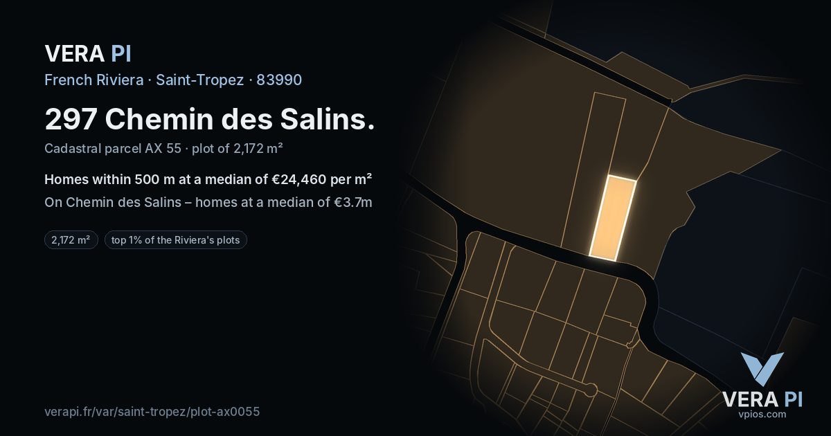 297 Chemin des Salins, Saint-Tropez at night – the plot lit, the parcels around coloured by the prices near them