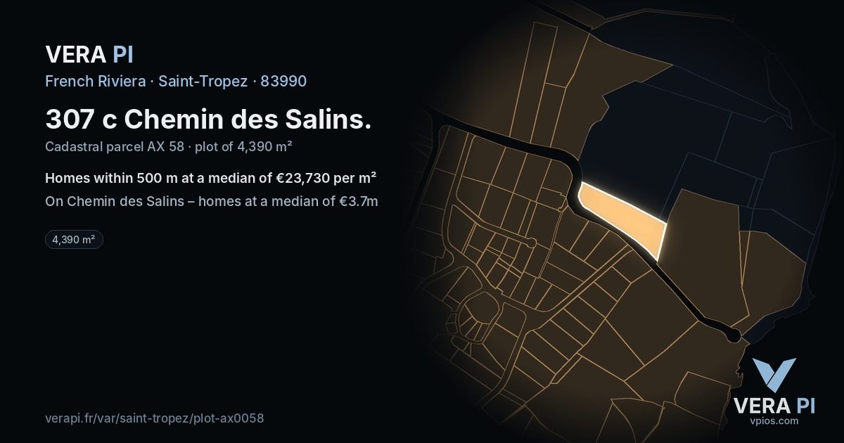 307 c Chemin des Salins, Saint-Tropez at night – the plot lit, the parcels around coloured by the prices near them