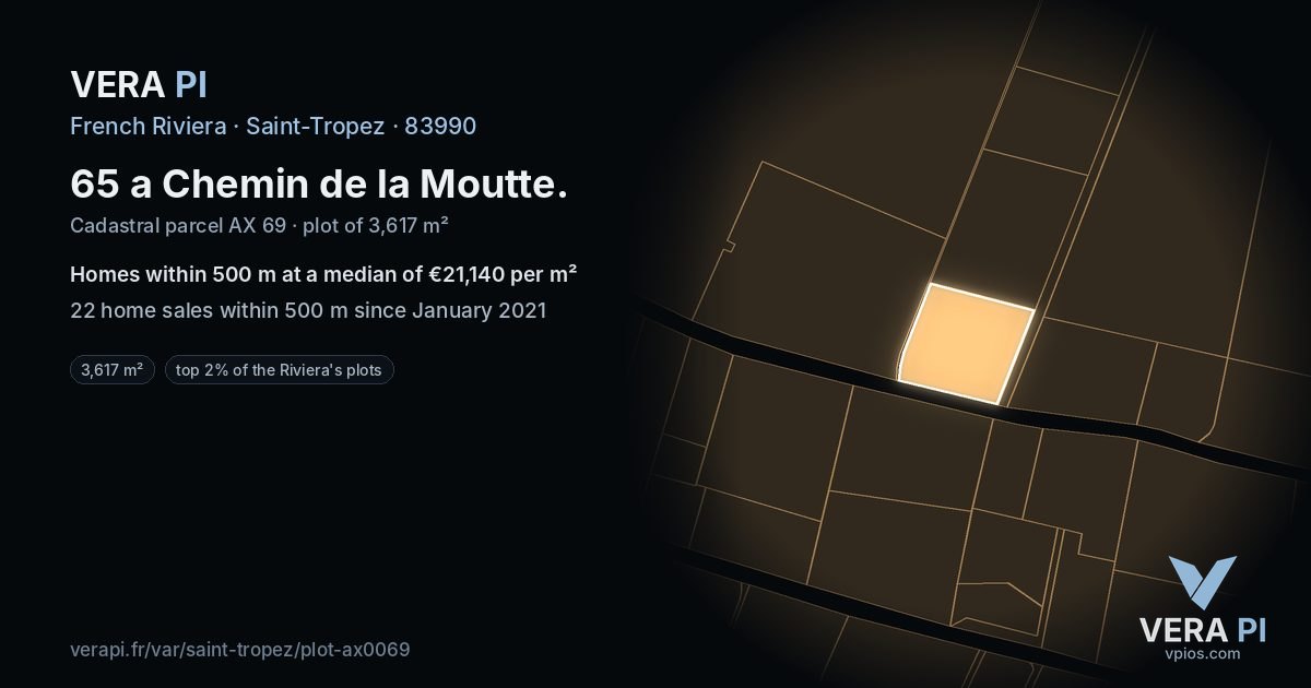 65 a Chemin de la Moutte, Saint-Tropez at night – the plot lit, the parcels around coloured by the prices near them