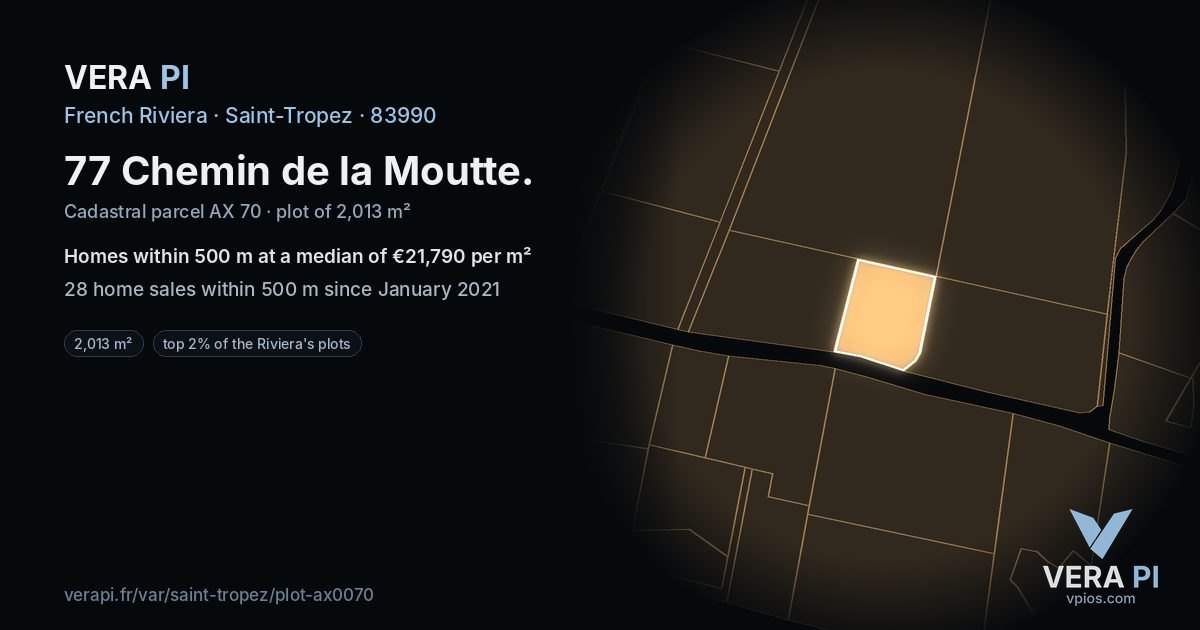 77 Chemin de la Moutte, Saint-Tropez at night – the plot lit, the parcels around coloured by the prices near them