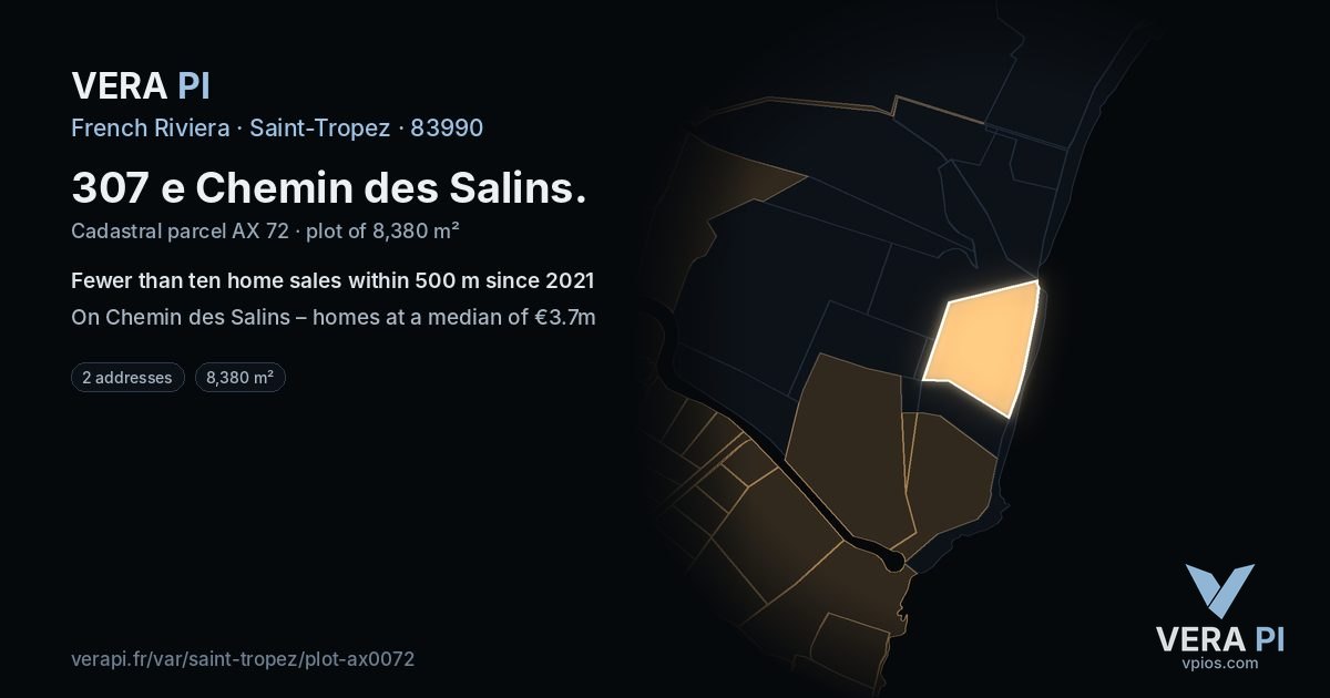 307 e Chemin des Salins, Saint-Tropez at night – the plot lit, the parcels around coloured by the prices near them
