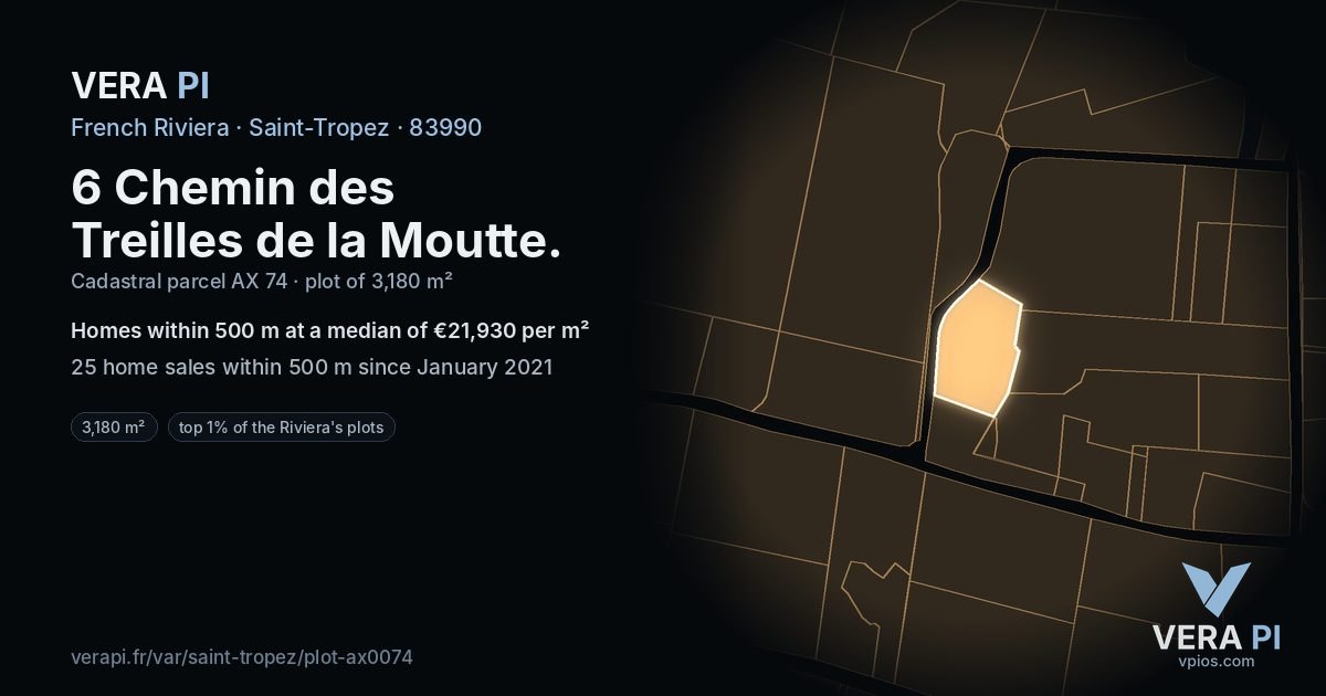 6 Chemin des Treilles de la Moutte, Saint-Tropez at night – the plot lit, the parcels around coloured by the prices near them