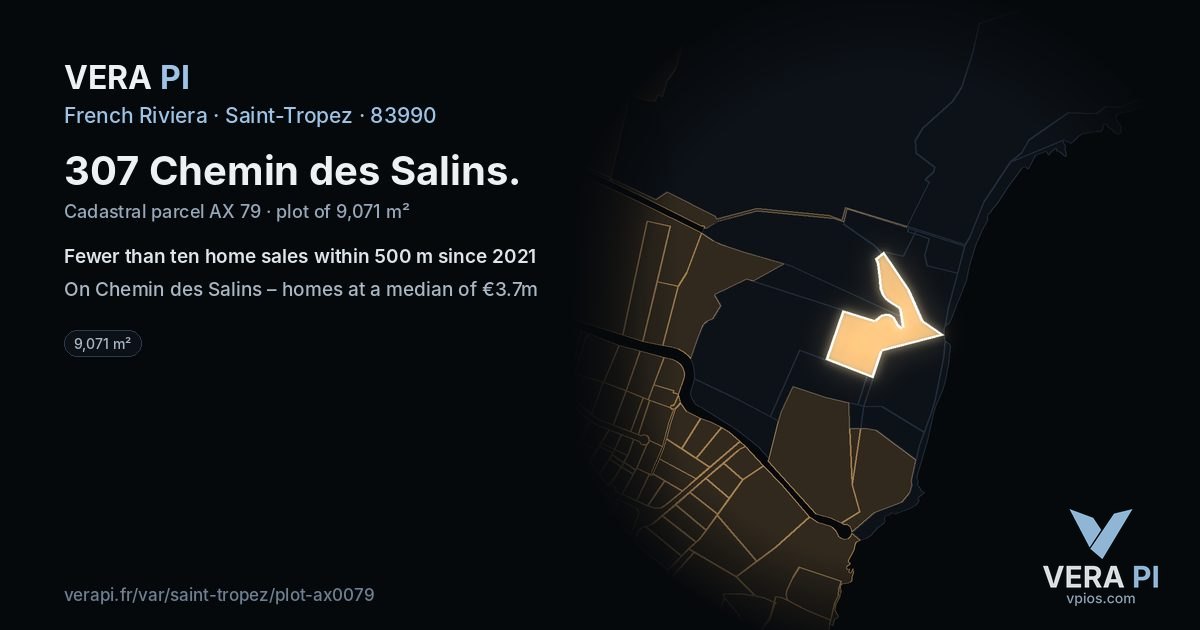 307 Chemin des Salins, Saint-Tropez at night – the plot lit, the parcels around coloured by the prices near them