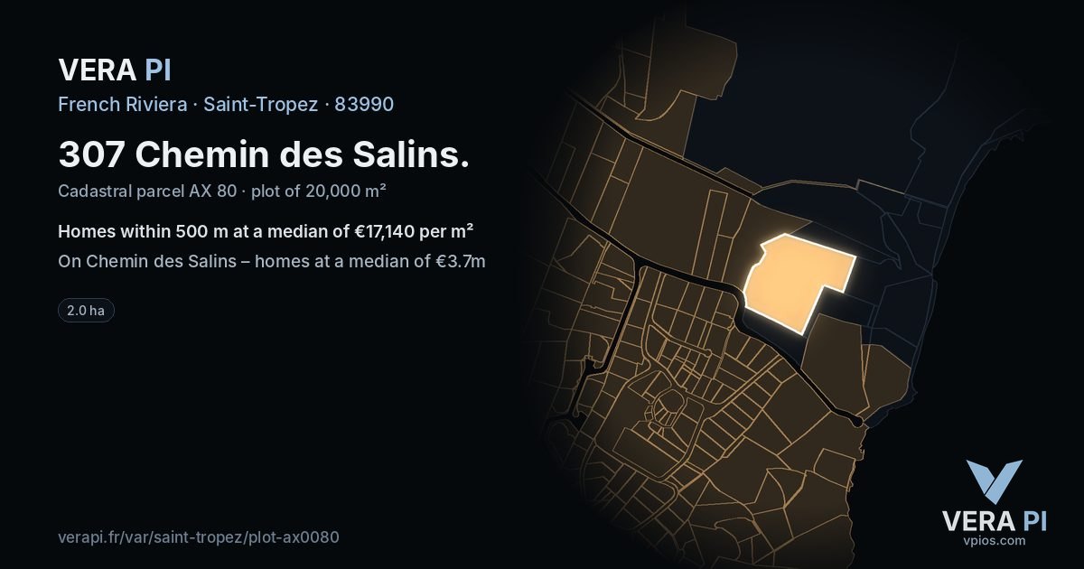 307 Chemin des Salins, Saint-Tropez at night – the plot lit, the parcels around coloured by the prices near them