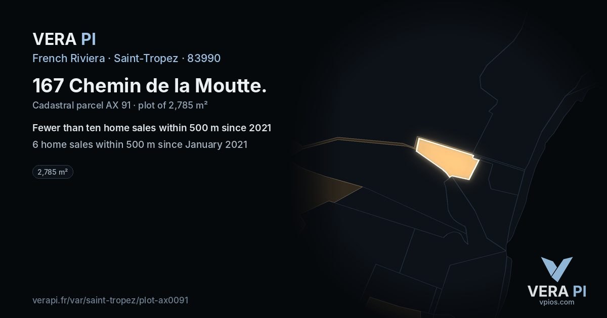 167 Chemin de la Moutte, Saint-Tropez at night – the plot lit, the parcels around coloured by the prices near them