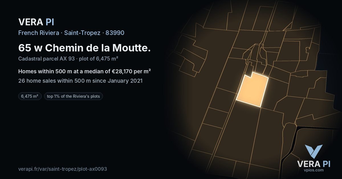65 w Chemin de la Moutte, Saint-Tropez at night – the plot lit, the parcels around coloured by the prices near them