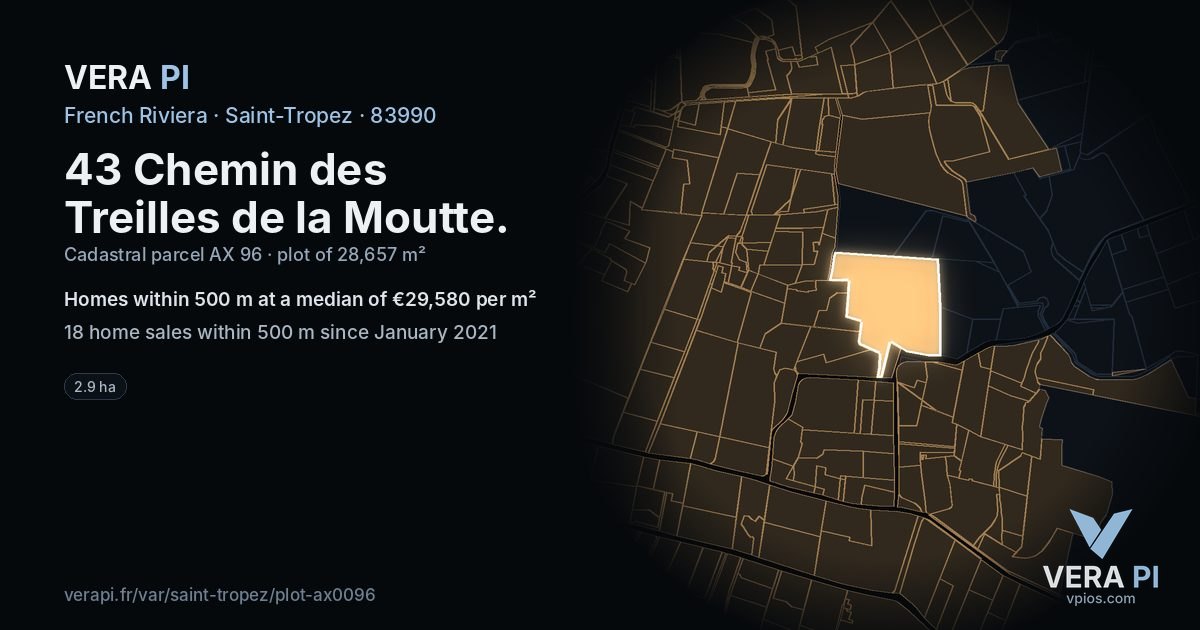 43 Chemin des Treilles de la Moutte, Saint-Tropez at night – the plot lit, the parcels around coloured by the prices near them