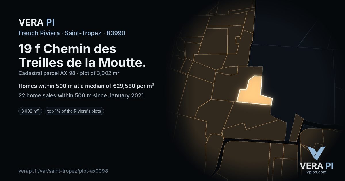 19 f Chemin des Treilles de la Moutte, Saint-Tropez at night – the plot lit, the parcels around coloured by the prices near them