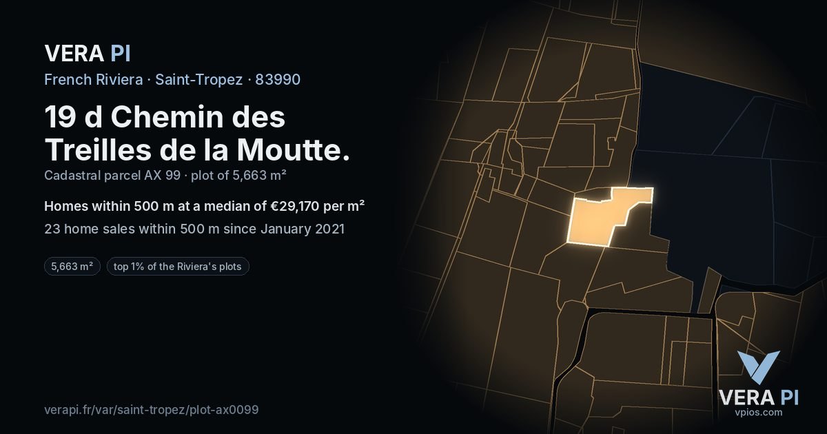 19 d Chemin des Treilles de la Moutte, Saint-Tropez at night – the plot lit, the parcels around coloured by the prices near them
