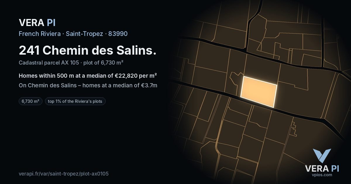 241 Chemin des Salins, Saint-Tropez at night – the plot lit, the parcels around coloured by the prices near them
