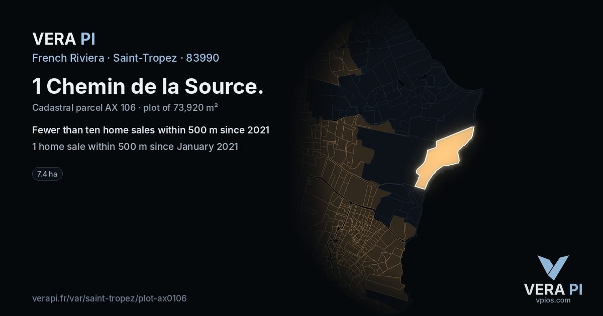 1 Chemin de la Source, Saint-Tropez at night – the plot lit, the parcels around coloured by the prices near them