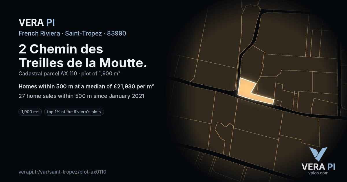 2 Chemin des Treilles de la Moutte, Saint-Tropez at night – the plot lit, the parcels around coloured by the prices near them
