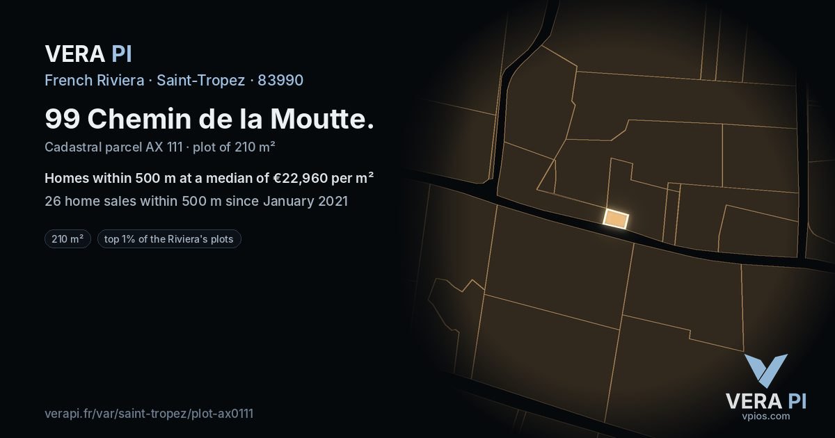 99 Chemin de la Moutte, Saint-Tropez at night – the plot lit, the parcels around coloured by the prices near them