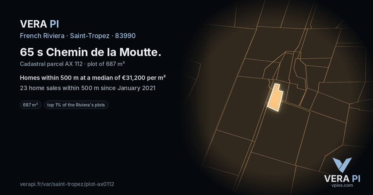65 s Chemin de la Moutte, Saint-Tropez at night – the plot lit, the parcels around coloured by the prices near them