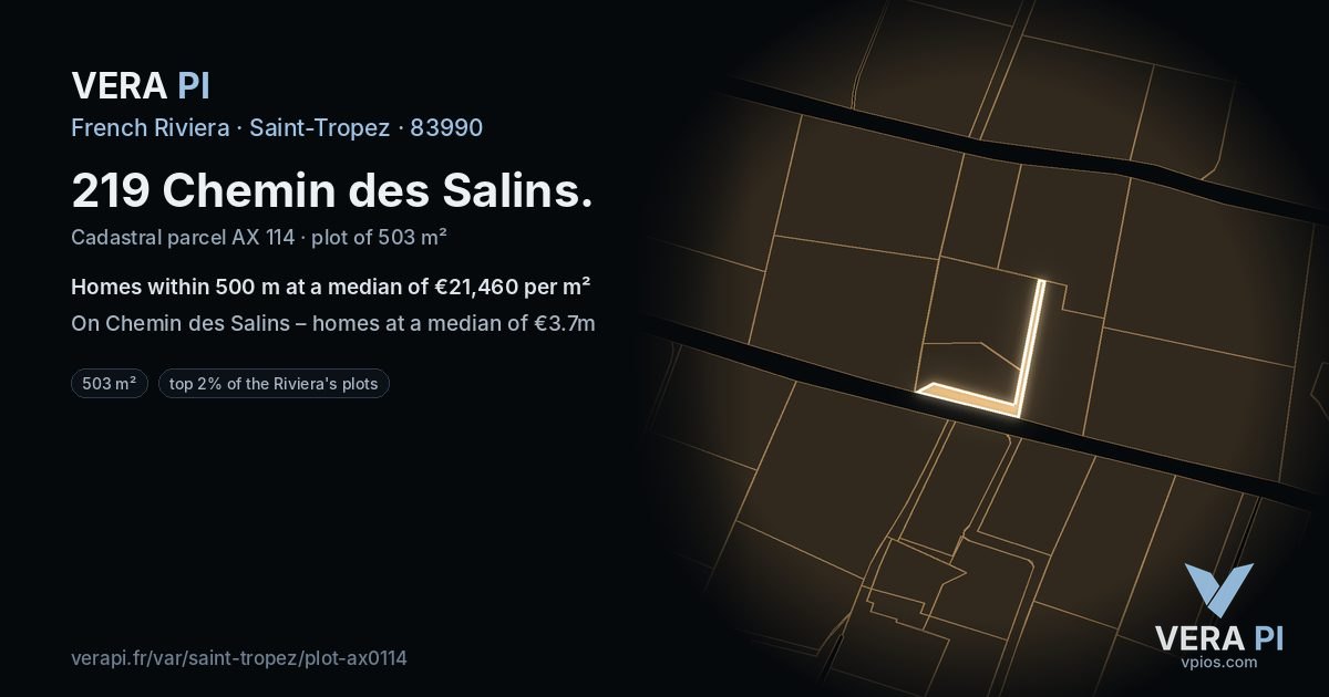 219 Chemin des Salins, Saint-Tropez at night – the plot lit, the parcels around coloured by the prices near them