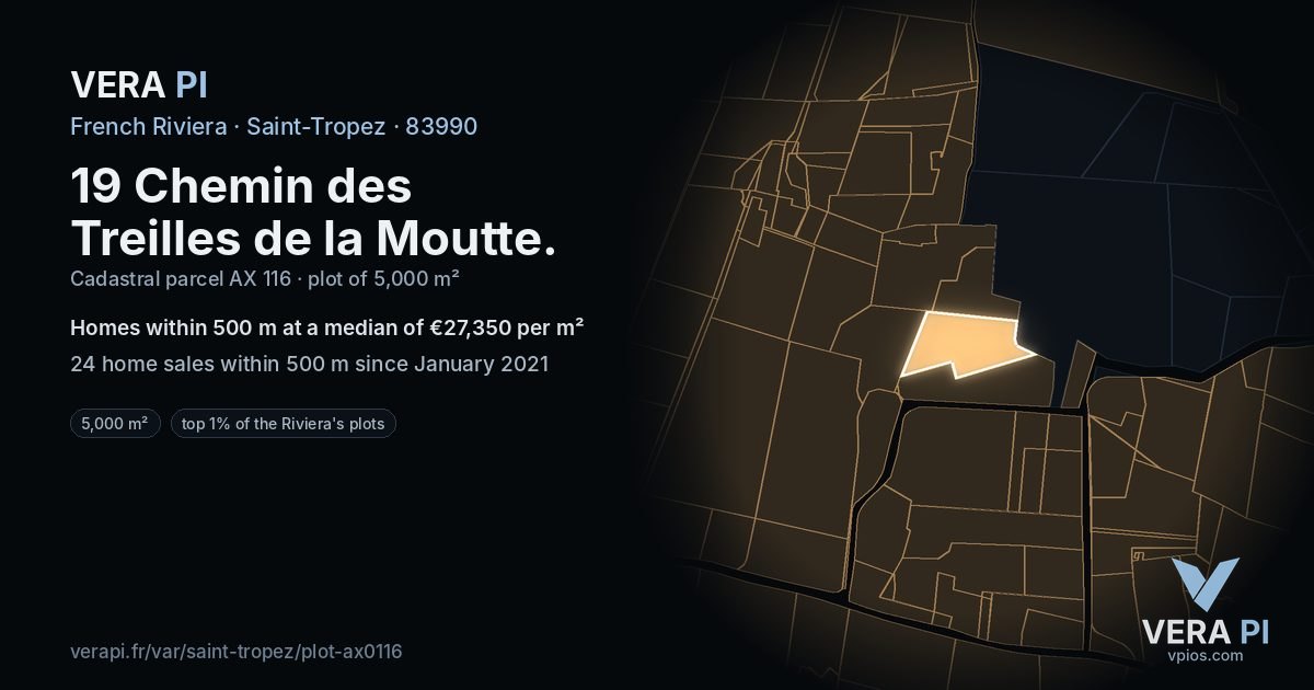 19 Chemin des Treilles de la Moutte, Saint-Tropez at night – the plot lit, the parcels around coloured by the prices near them