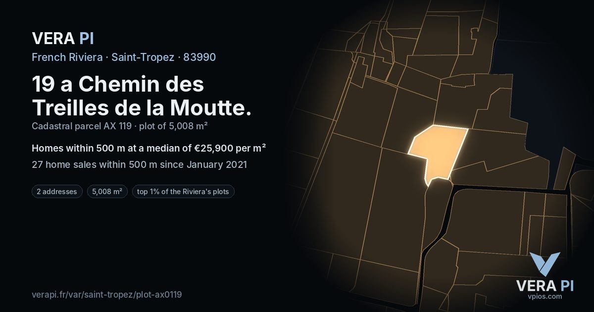 19 a Chemin des Treilles de la Moutte, Saint-Tropez at night – the plot lit, the parcels around coloured by the prices near them