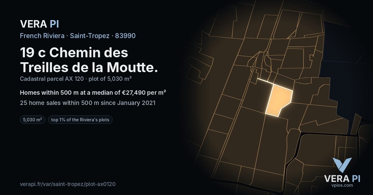 19 c Chemin des Treilles de la Moutte, Saint-Tropez at night – the plot lit, the parcels around coloured by the prices near them