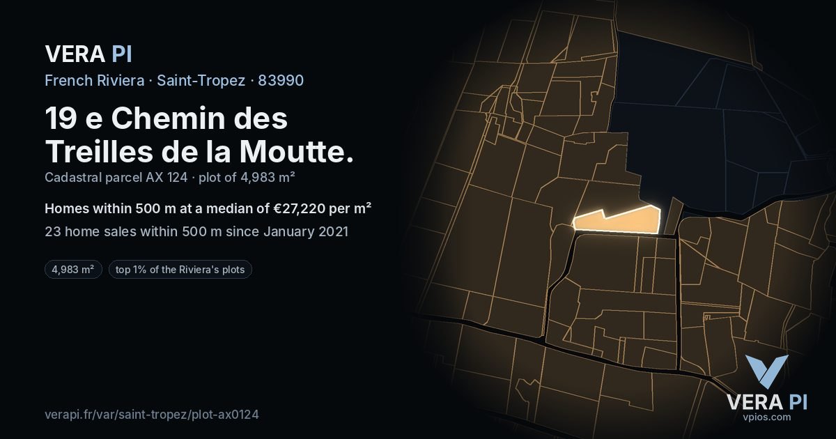 19 e Chemin des Treilles de la Moutte, Saint-Tropez at night – the plot lit, the parcels around coloured by the prices near them