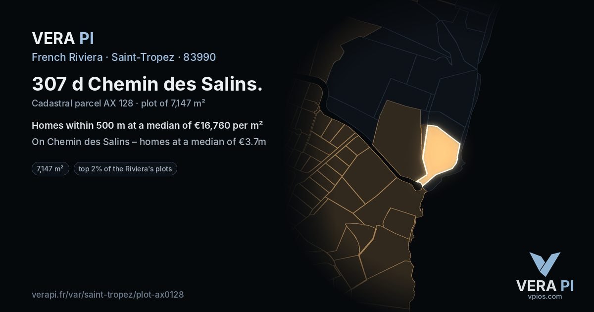 307 d Chemin des Salins, Saint-Tropez at night – the plot lit, the parcels around coloured by the prices near them