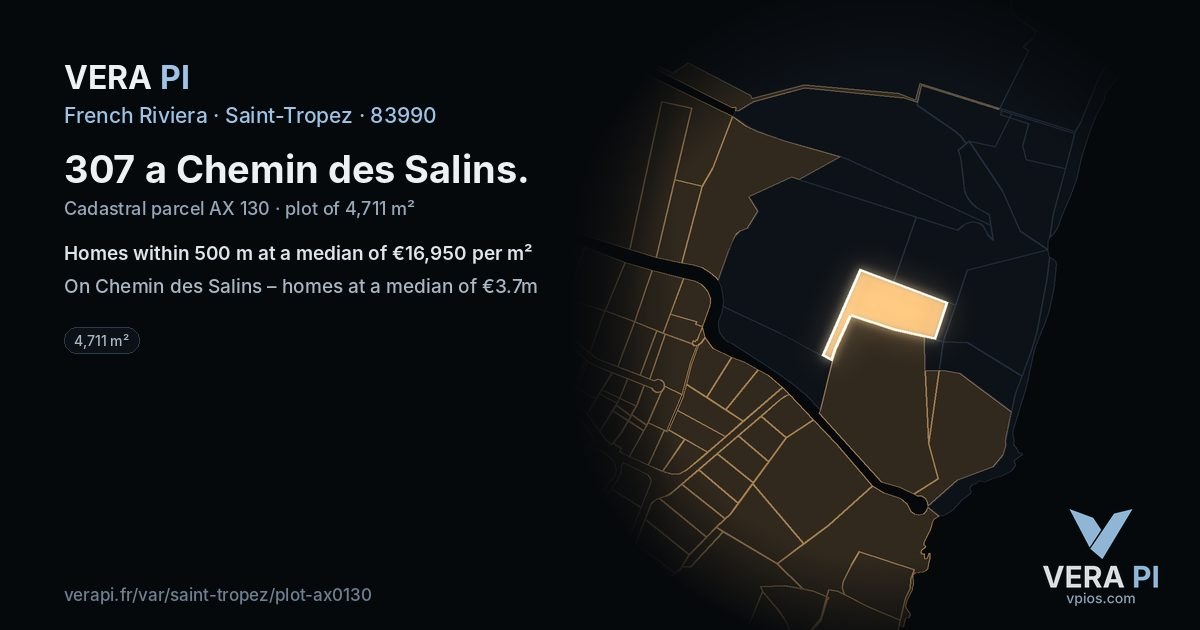 307 a Chemin des Salins, Saint-Tropez at night – the plot lit, the parcels around coloured by the prices near them