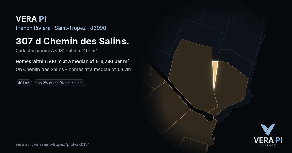 307 d Chemin des Salins, Saint-Tropez at night – the plot lit, the parcels around coloured by the prices near them