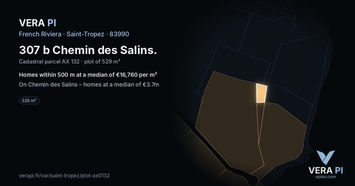 307 b Chemin des Salins, Saint-Tropez at night – the plot lit, the parcels around coloured by the prices near them