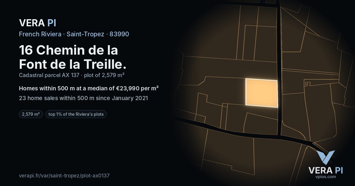 16 Chemin de la Font de la Treille, Saint-Tropez at night – the plot lit, the parcels around coloured by the prices near them