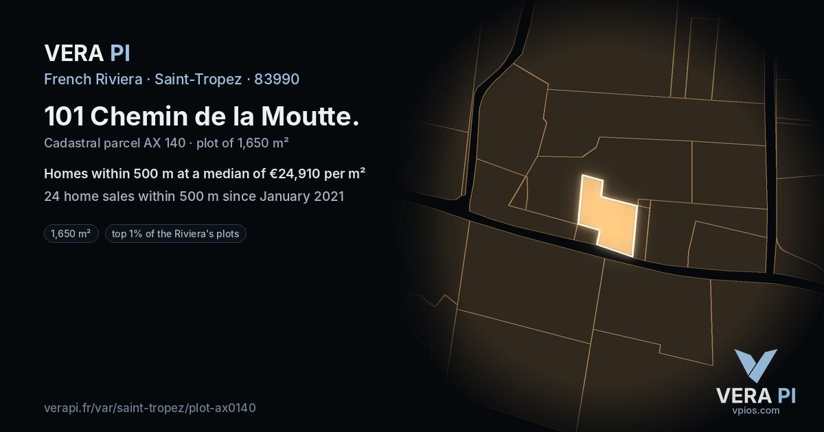 101 Chemin de la Moutte, Saint-Tropez at night – the plot lit, the parcels around coloured by the prices near them
