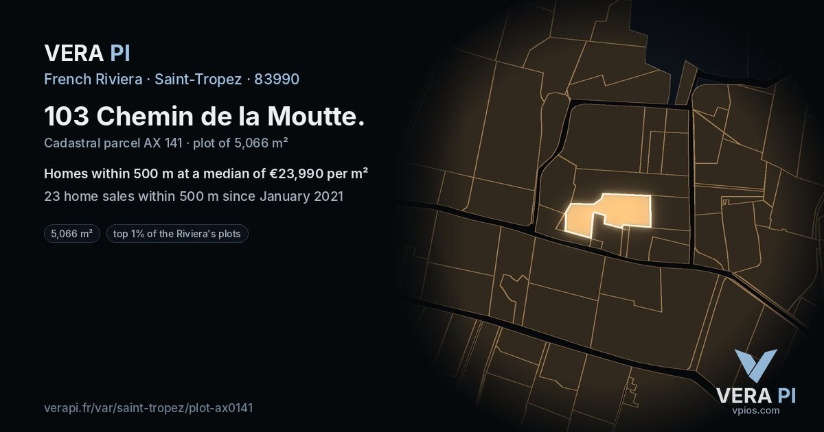 103 Chemin de la Moutte, Saint-Tropez at night – the plot lit, the parcels around coloured by the prices near them