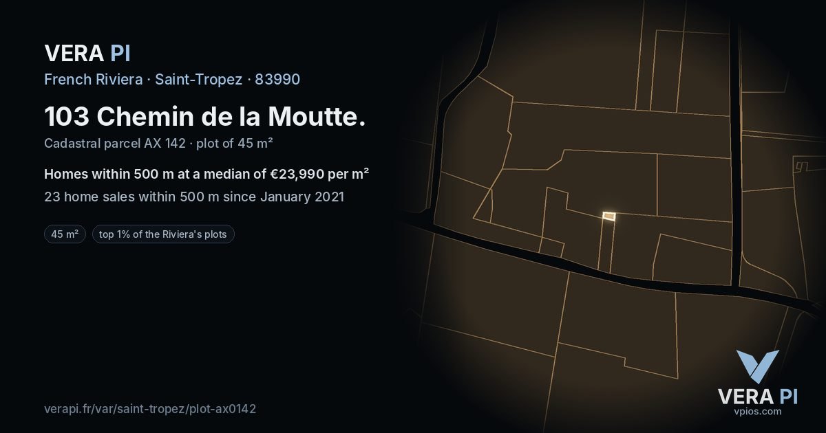 103 Chemin de la Moutte, Saint-Tropez at night – the plot lit, the parcels around coloured by the prices near them