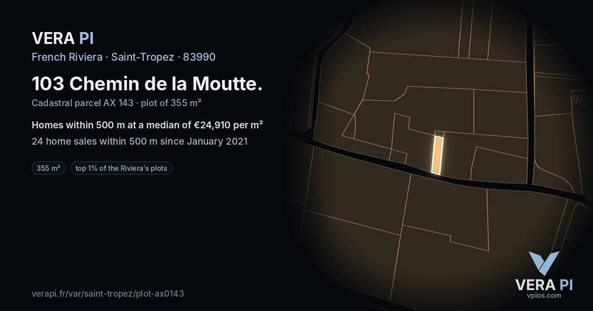 103 Chemin de la Moutte, Saint-Tropez at night – the plot lit, the parcels around coloured by the prices near them